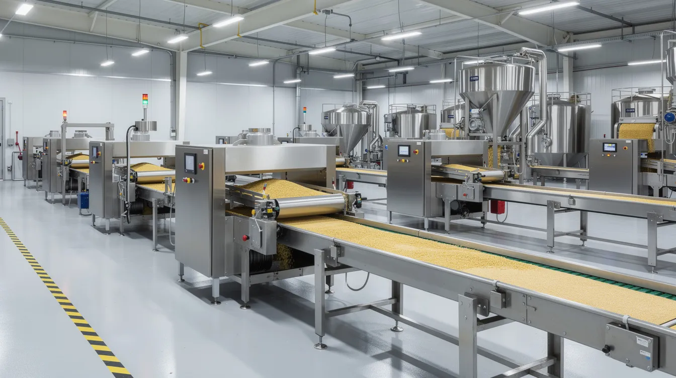 560ba0e6 b37c 47ca a509 173c907b0788 The image depicts the interior of a modern food processing factory, featuring shiny stainless steel machinery and conveyor belts designed for rice processing. This facility is likely involved in the puffed rice manufacturing process, where rice kernels are heated and puffed to create popular snacks like puffed rice cakes and breakfast cereals.