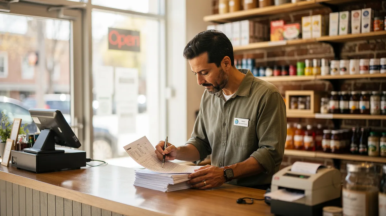 A small business owner is seated at a shop counter, intently reviewing financial documents and a project report. The scene highlights the importance of meticulous planning in a business, reflecting on aspects such as cash flow and financial projections essential for securing a mudra loan.