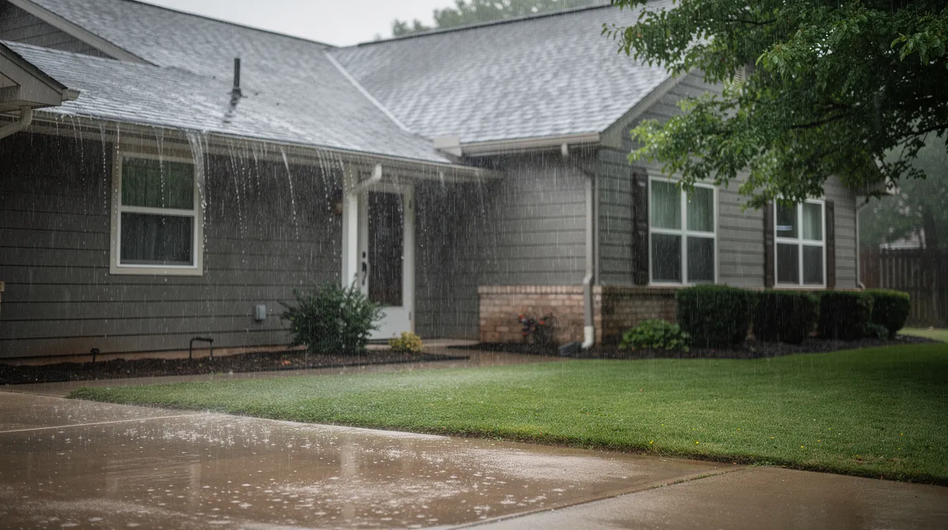 The image shows a residential house during a summer rainstorm, with rain gutters prominently visible along the roofline, effectively channeling rainwater away. These seamless gutters are essential for preventing water damage and maintaining the home's curb appeal in Pueblo, Colorado.