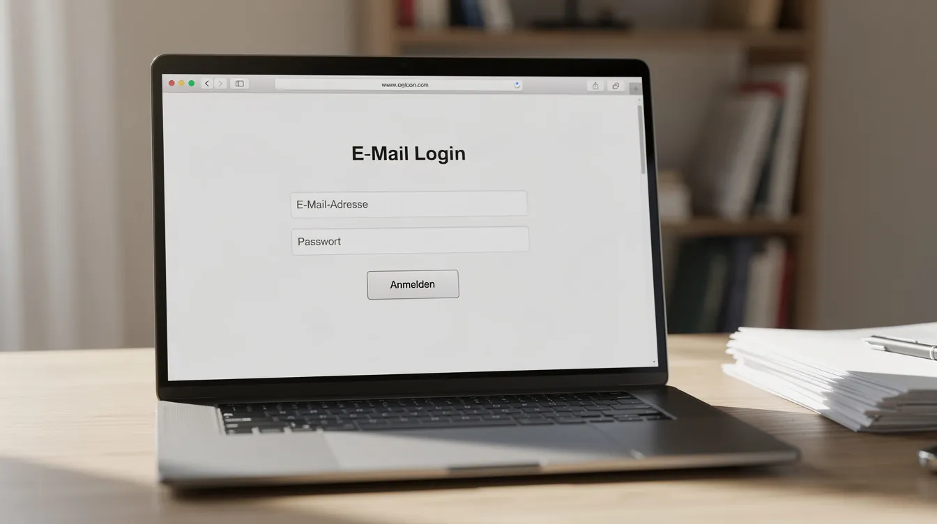 Ein Laptop steht auf einem Schreibtisch und zeigt einen geöffneten Browser mit einem E-Mail-Login-Formular, in dem Benutzer ihre E-Mail-Adresse und Zugangsdaten eingeben können. Die Umgebung ist schlicht und modern, ideal für das Arbeiten oder den Zugriff auf Nachrichten und Spiele.