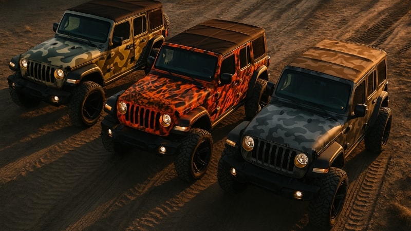 Jeep wranglers in dessert wrapped with camo wrap