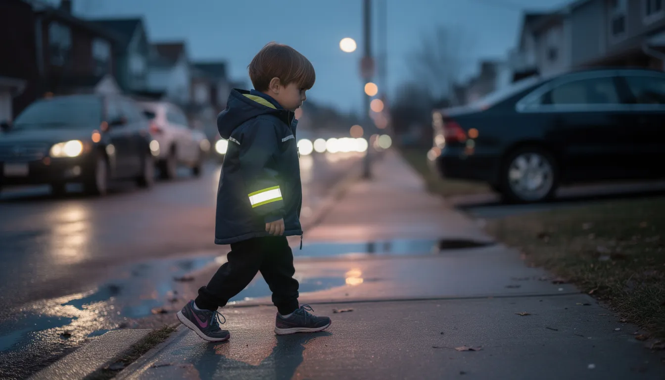 Na zdjęciu widać dziecko idące wieczorem chodnikiem, które ma na nadgarstku opaskę odblaskową, zwiększającą jego widoczność w zmroku. Opaska ta, w kolorze żółtym, zapewnia bezpieczeństwo podczas spacerów i poruszania się na hulajnodze.