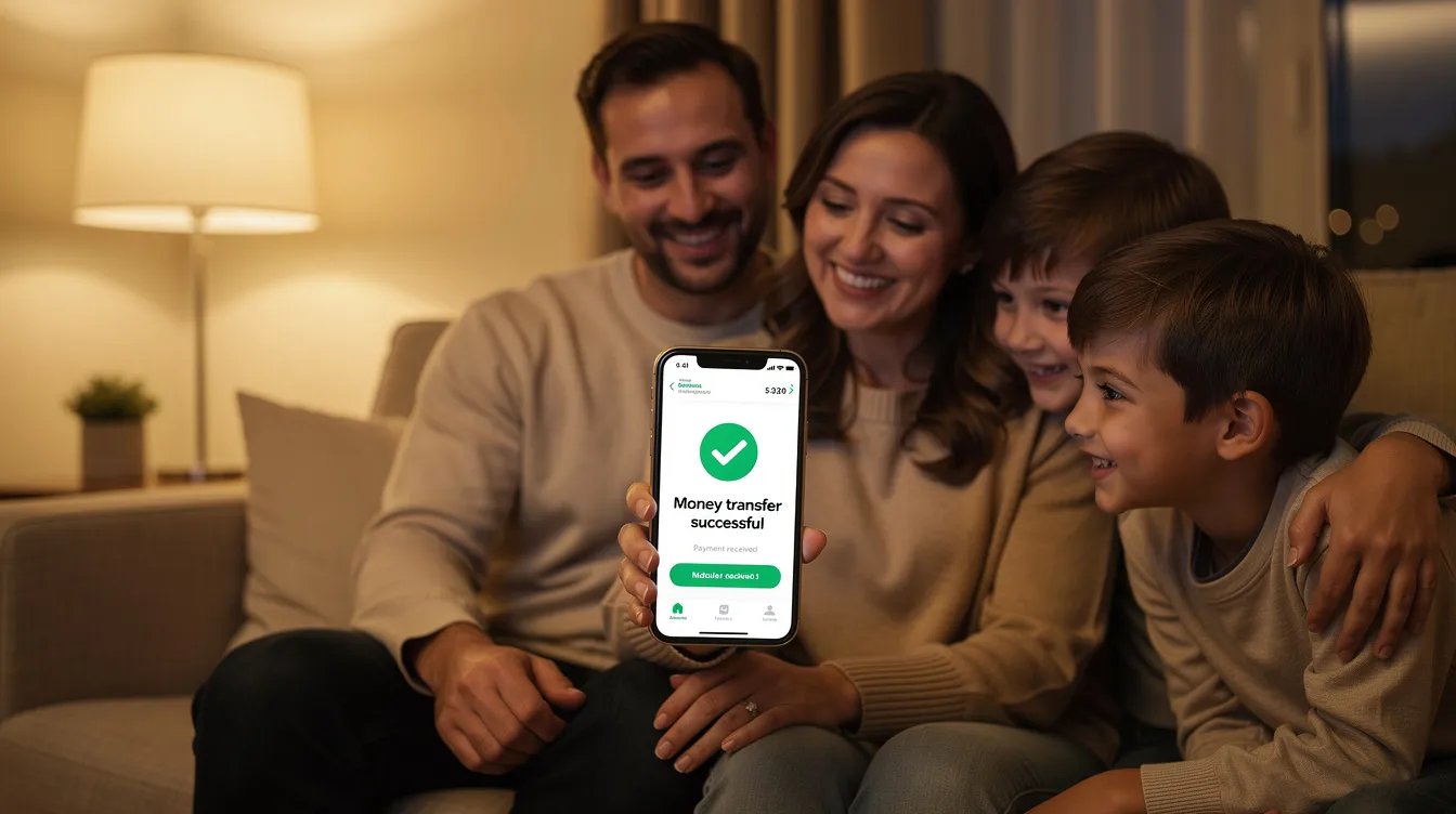 The image depicts a happy family in a cozy home, gathered around a mobile phone as they receive a notification confirming a successful money transfer. This moment highlights the convenience of using services like Wise for international payments and low-cost money transfers.