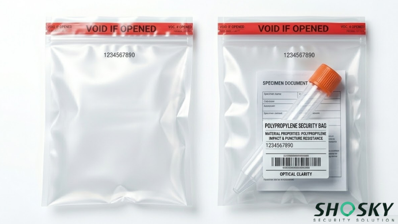 Polyethylene security bags showing VOID IF OPENED message