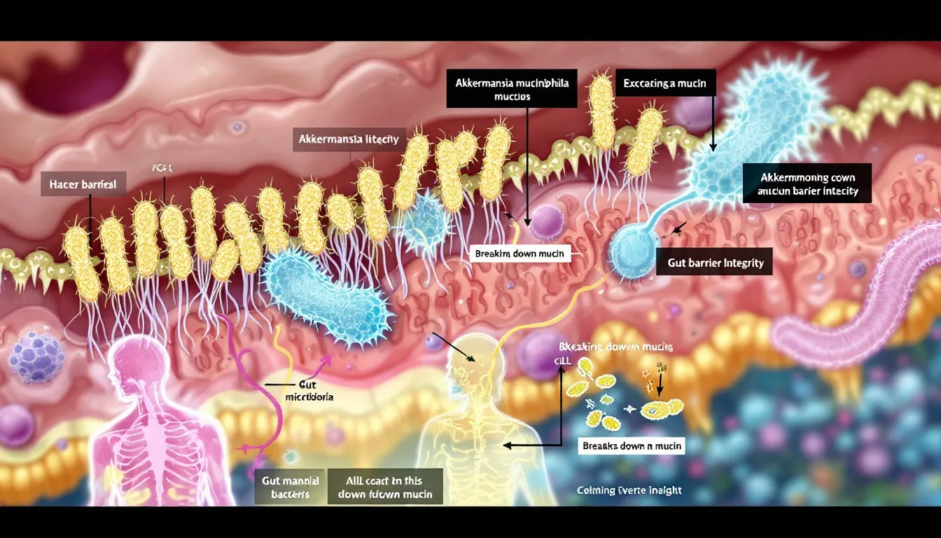 A scientific illustration depicting the role of Akkermansia muciniphila in promoting gut health, highlighting its beneficial effects on the intestinal tract and gut microbiota. The image emphasizes the importance of this probiotic in maintaining gut barrier integrity and its potential therapeutic effects on conditions such as inflammatory bowel disease and metabolic disorders.