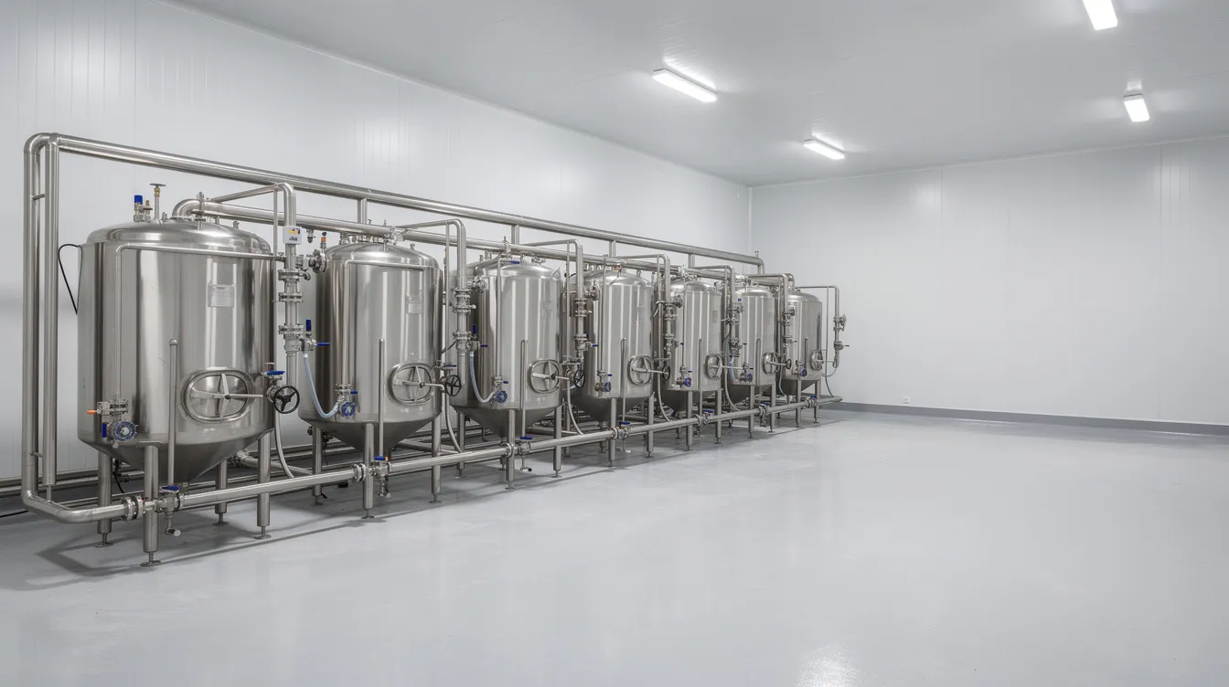 56141f6d 563f 4781 8fbf abda79d2b07e The image depicts stainless steel processing equipment inside a clean and well-lit industrial dairy processing plant, featuring smooth wall panels and epoxy floors, designed for uht milk production. This hygienic layout ensures compliance with food safety standards while facilitating efficient processing of dairy products, including flavored milk and long life milk.