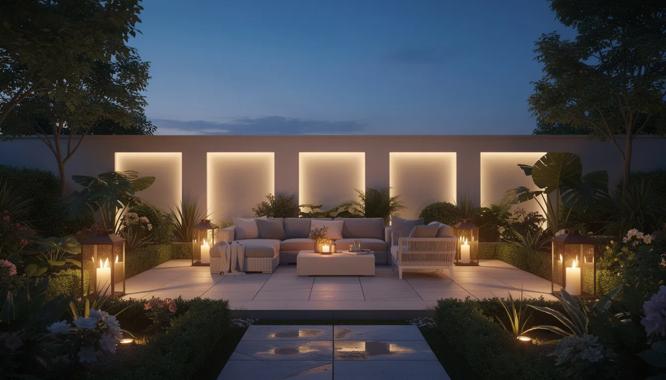 Een sfeervolle avondopname van een tuin met verlichte decoratieve wandpanelen en sfeervolle lantaarns rondom een comfortabele loungeset. De wandpanelen bieden een strakke uitstraling en zijn perfect geschikt voor diverse weersomstandigheden, waardoor ze een stijlvolle oplossing vormen voor de buitenruimte.