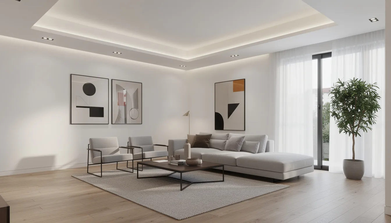 De afbeelding toont een moderne woonkamer met strakke witte wanden en een verlaagd plafond dat is voorzien van inbouwspots. In het midden van de ruimte bevindt zich een luxe zithoek, die een sfeervolle en functionele inrichting biedt.
