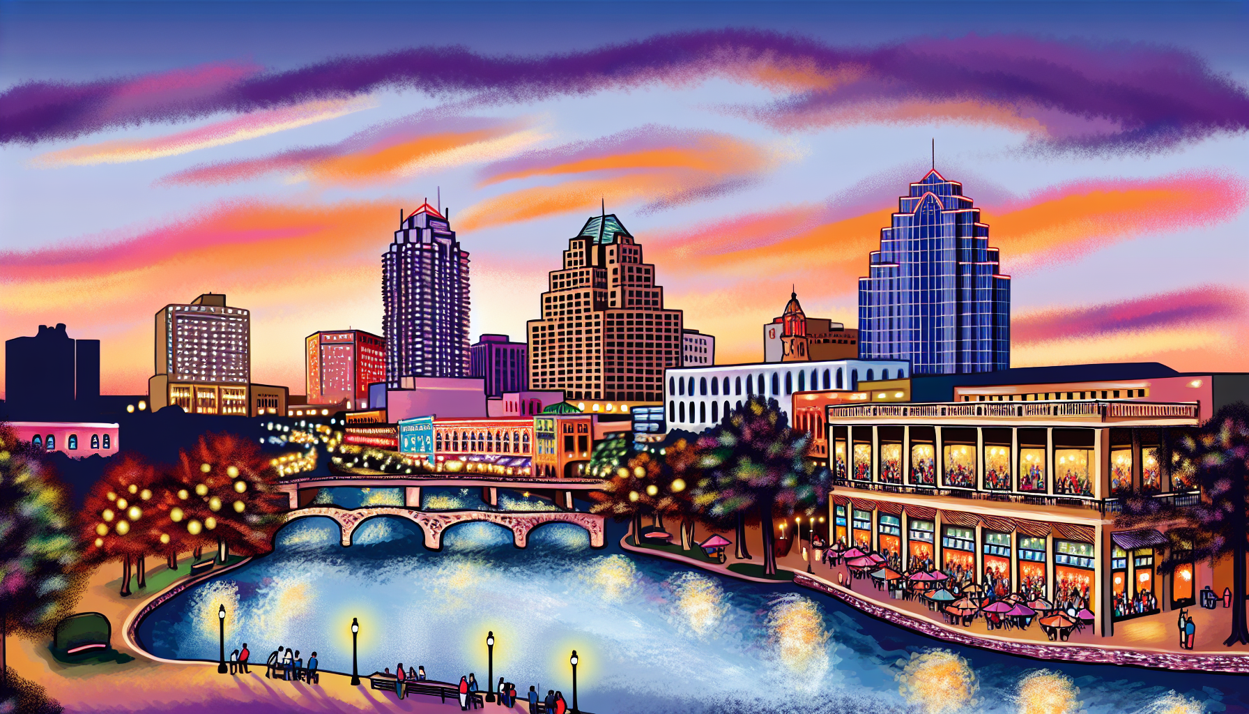 San Antonio skyline at sunset with the iconic riverwalk