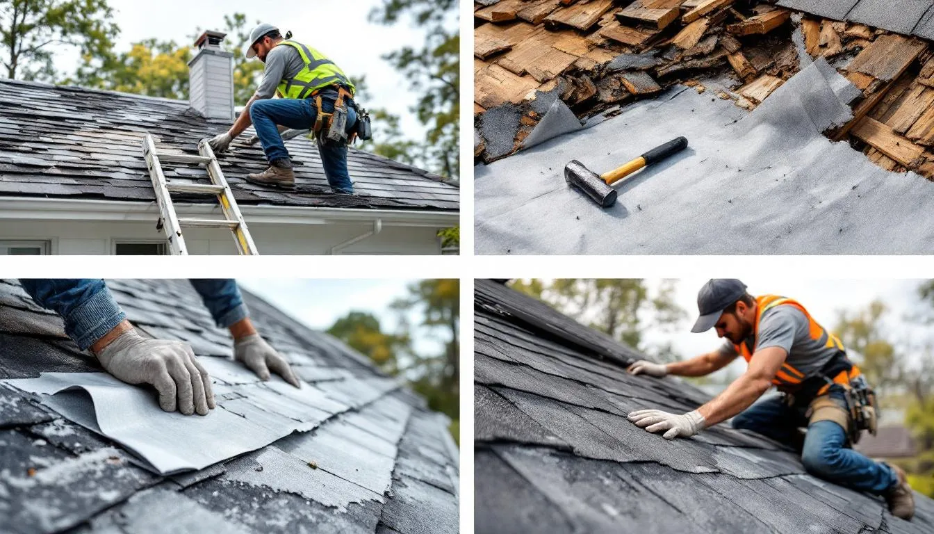 The image series illustrates the professional roof repair process, showcasing each step from the initial inspection of an old roof to the completion of the project with new roofing materials. This visual guide highlights the quality workmanship of a local roofing company in St. Petersburg, emphasizing their commitment to customer satisfaction and efficient service.