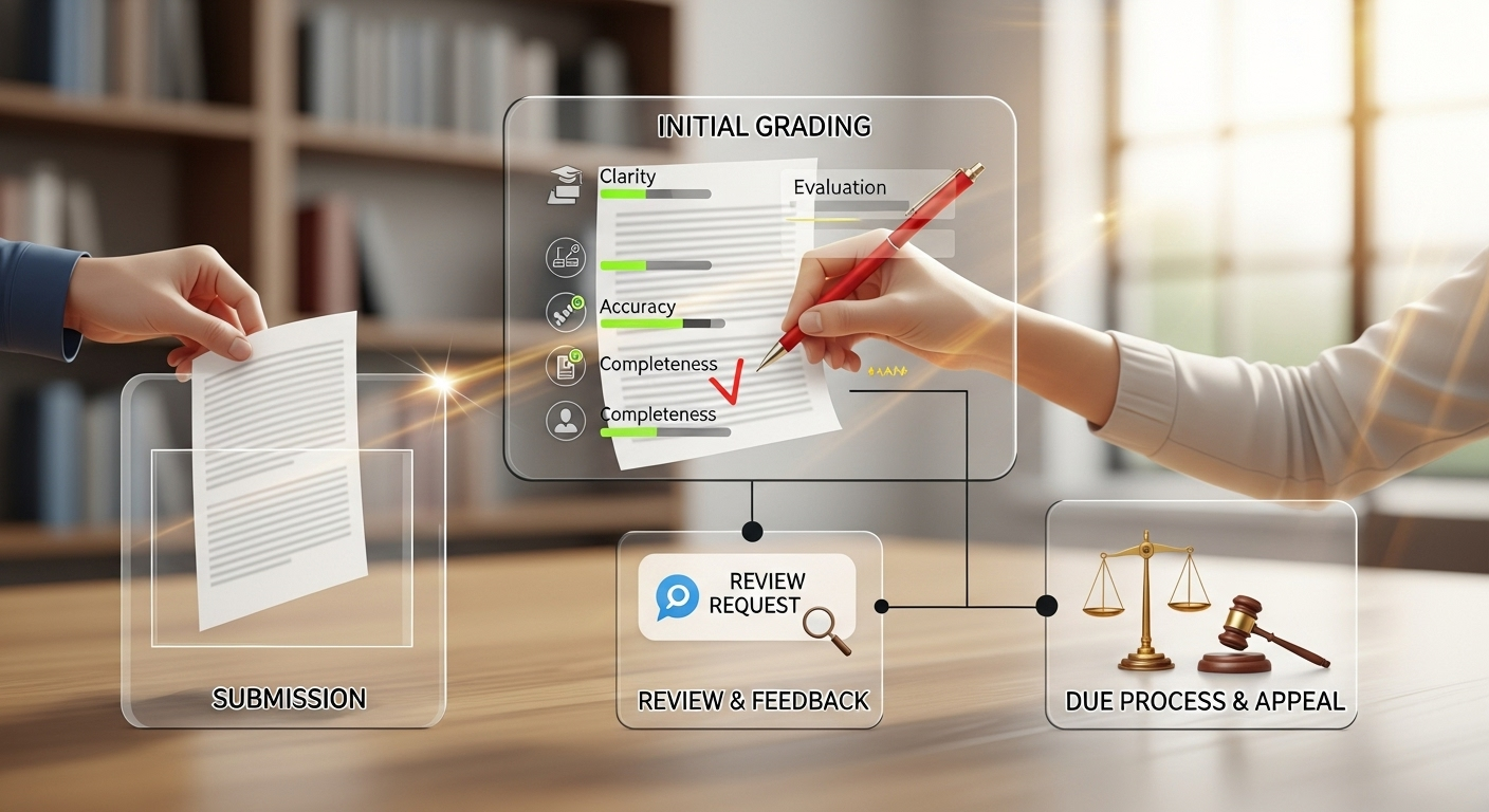 Transparent grading system illustration emphasizing fairness, review, and due process.