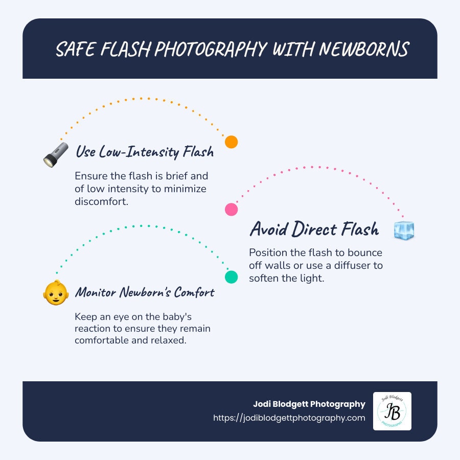 nfographic detailing safety measures for newborn photography with flash - utilize natural light - bright flash - bright light -can you use flash photography with newborns infographic infographic