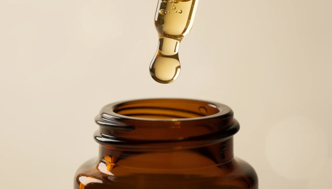 A close-up image depicts a glass dropper releasing a golden serum into a bottle, highlighting the importance of peptides for anti-aging and skin health. This serum, rich in amino acids, is designed to stimulate collagen production and enhance skin elasticity, contributing to improved skin firmness and hydration.