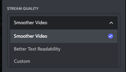 Picture showing the stream quality option available on Discord