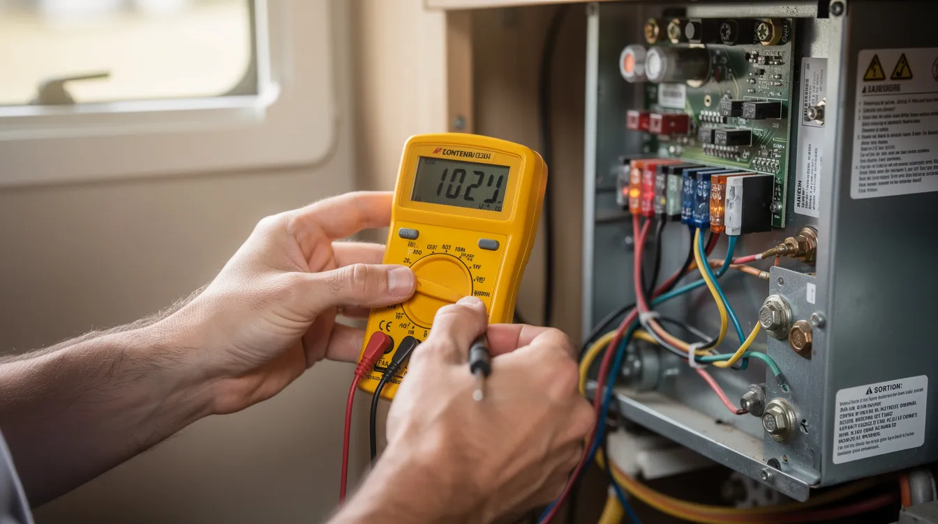 A person is using a yellow multimeter to test the electrical connections on an RV air conditioner, ensuring the control board and wiring are functioning correctly to avoid common AC problems. The technician is focused on diagnosing issues such as a malfunctioning thermostat or disconnected wiring to keep the cooling system efficient.