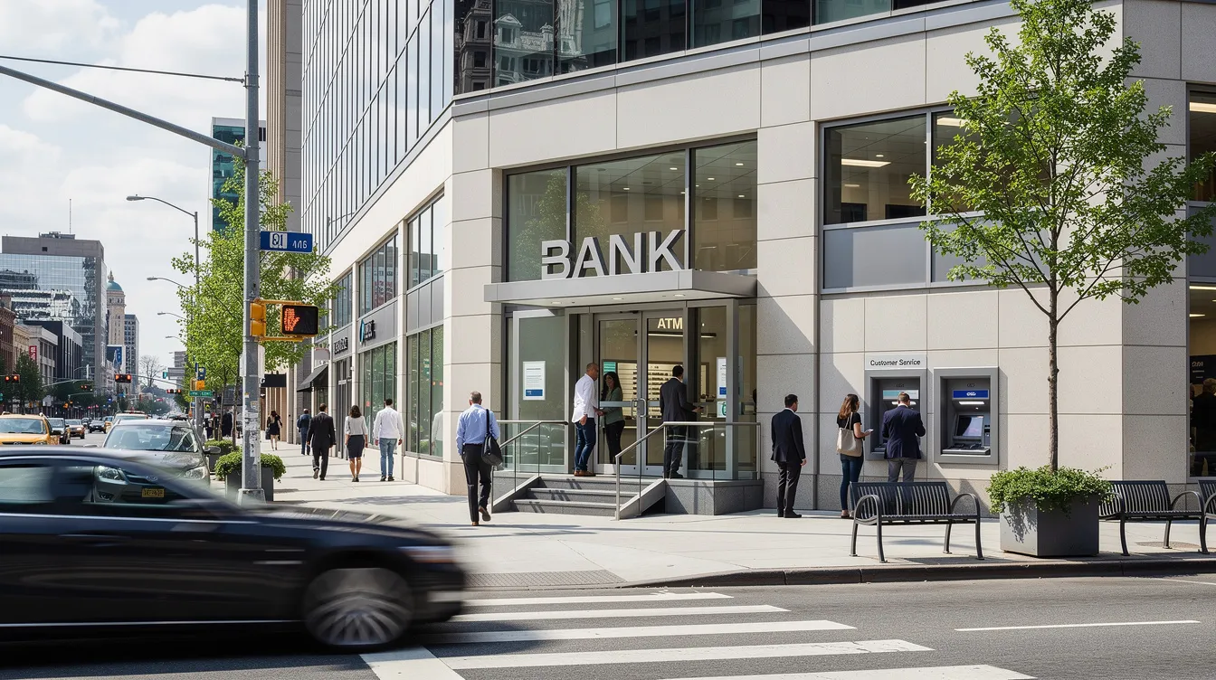 561c99d0 5bbb 4d82 b0e3 ef1e37f8a93f The image shows the exterior of a bank branch building situated on a busy commercial street, bustling with activity. This bank, which could be a public sector bank or a private sector bank, serves as a financial institution where small business owners can apply for various loans, including the Pradhan Mantri Mudra Yojana for micro units.