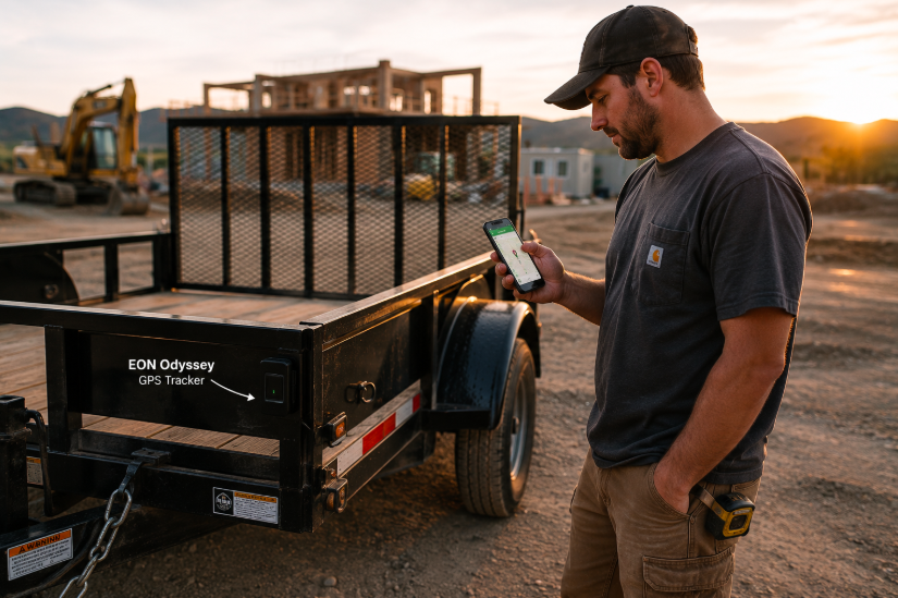 Contractor checking a GPS tracking app on his phone next to a parked utility trailer at golden hour