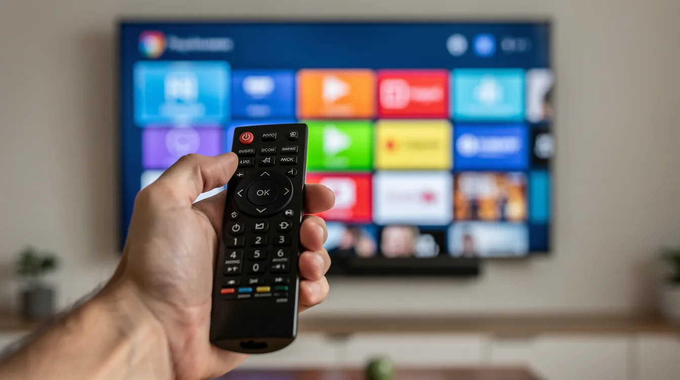 A close-up view of a hand holding a TV remote control, aimed at a large flat screen television displaying a vibrant channel grid, which highlights various live TV channels available through IPTV services in Canada. The image suggests the convenience of accessing both Canadian and international channels with a stable internet connection.