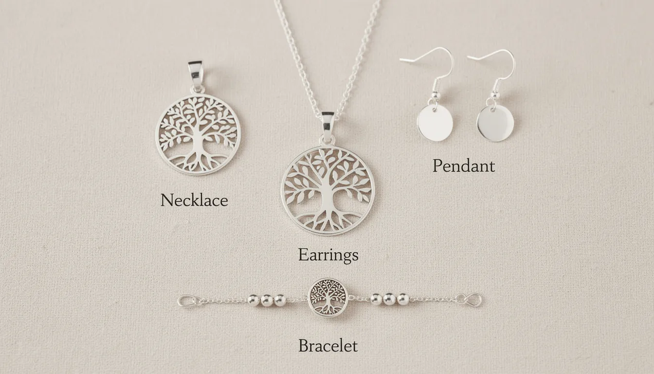 This image showcases a collection of tree of life jewellery, including a detailed sterling silver tree necklace, elegant pendants, delicate earrings, and nature-inspired bracelets. Each piece symbolizes growth and connection to nature, making them perfect gifts for expressing love and wisdom.