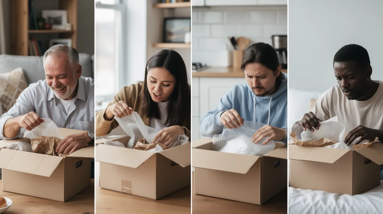 Das Bild zeigt verschiedene Personen, die beim Öffnen von Paketen unterschiedliche Gesichtsausdrücke haben, von Freude bis Überraschung. Diese Szenen spiegeln die Erfahrungen von Kunden wider, die Produkte von Online-Plattformen wie AliExpress bestellen und die Vielfalt der Waren und Angebote erleben.