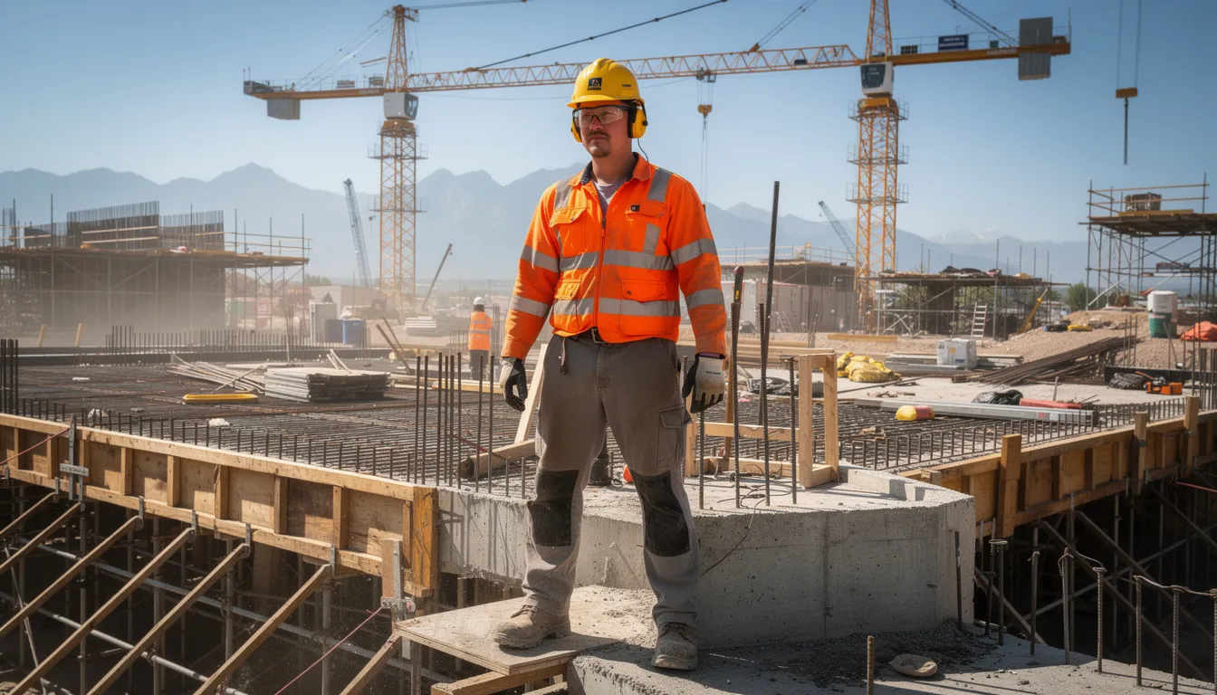 The image shows a construction worker wearing a hard hat, safety goggles, and reflective vest at a Colorado construction site, emphasizing the importance of workplace safety and compliance with Colorado workers compensation laws. The worker is focused on their task, highlighting the potential risks of work-related injuries and the need for proper workers compensation benefits in case of an accident.