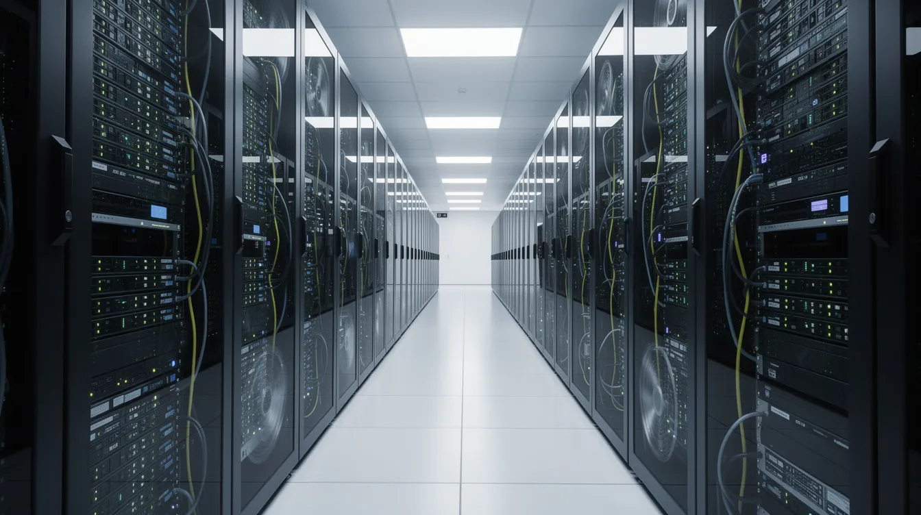 The image depicts rows of server racks in a modern data center, symbolizing the backbone of email infrastructure essential for sales teams. This setup supports automated sequences and outreach strategies, enhancing engagement with prospects through effective sales sequences and multiple touchpoints.