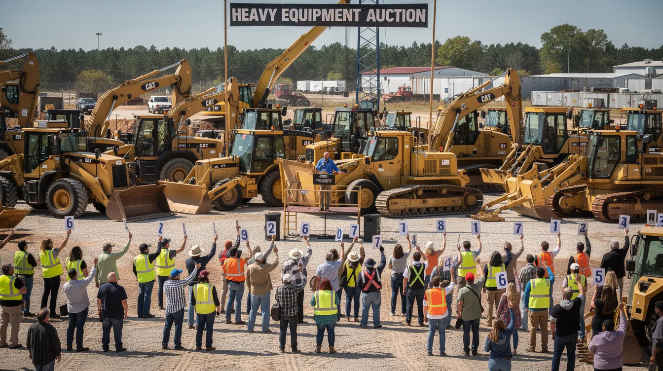The image depicts a bustling heavy equipment auction scene with a crowd of bidders actively engaging amidst large yellow machines parked in an outdoor lot. The atmosphere is filled with excitement as people gather to bid on heavy duty commercial trucks and other machinery, showcasing a variety of equipment available for sale.