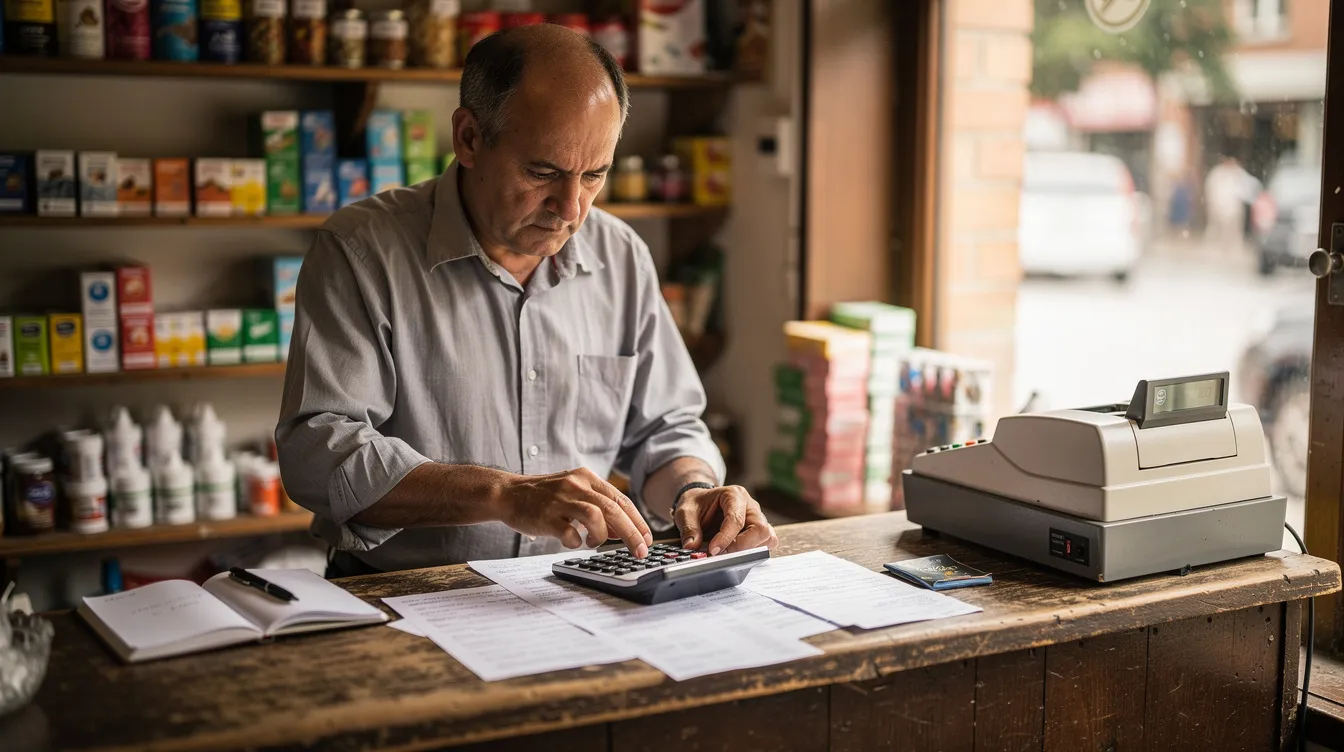 5627e71c 6683 45b7 8a47 91781306890c A small shop owner is diligently checking documents on the counter while using a calculator, likely assessing financial assistance options such as a mudra loan. The scene captures the essence of managing a business and the importance of proper documentation for availing loans to support income generation.