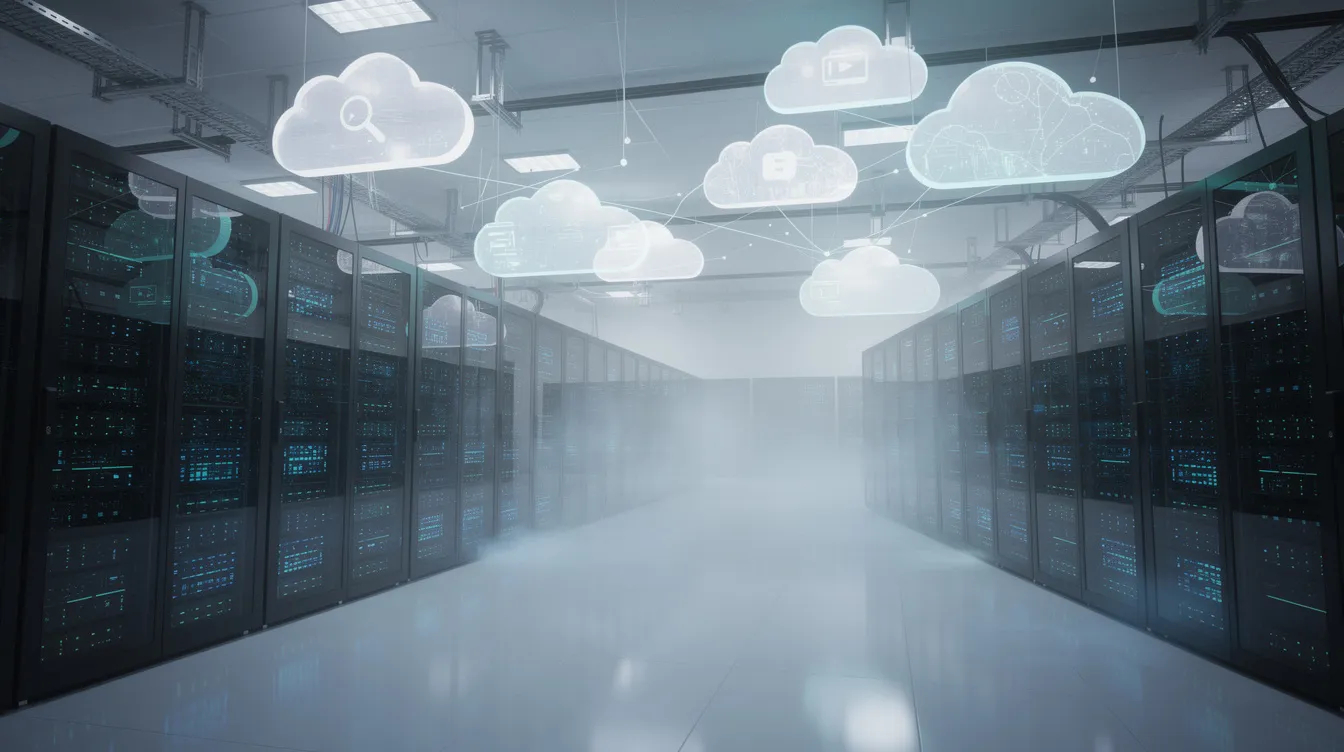 The image depicts a modern data center featuring glowing server racks with vibrant cloud icons floating above, symbolizing advanced data management and analytics capabilities. This environment supports scalable architecture for data scientists to deploy predictive models and leverage SAS Viya technology for enhanced insights and automation.