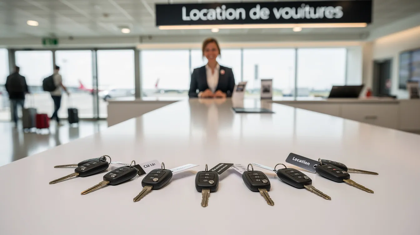 Un comptoir de location de voitures dans un aéroport, où des clés de voiture sont posées sur le bureau, offrant une possibilité de louer une voiture à Marrakech sans caution. Ce service est conçu pour faciliter le voyage des clients en leur proposant divers modèles de véhicules disponibles.
