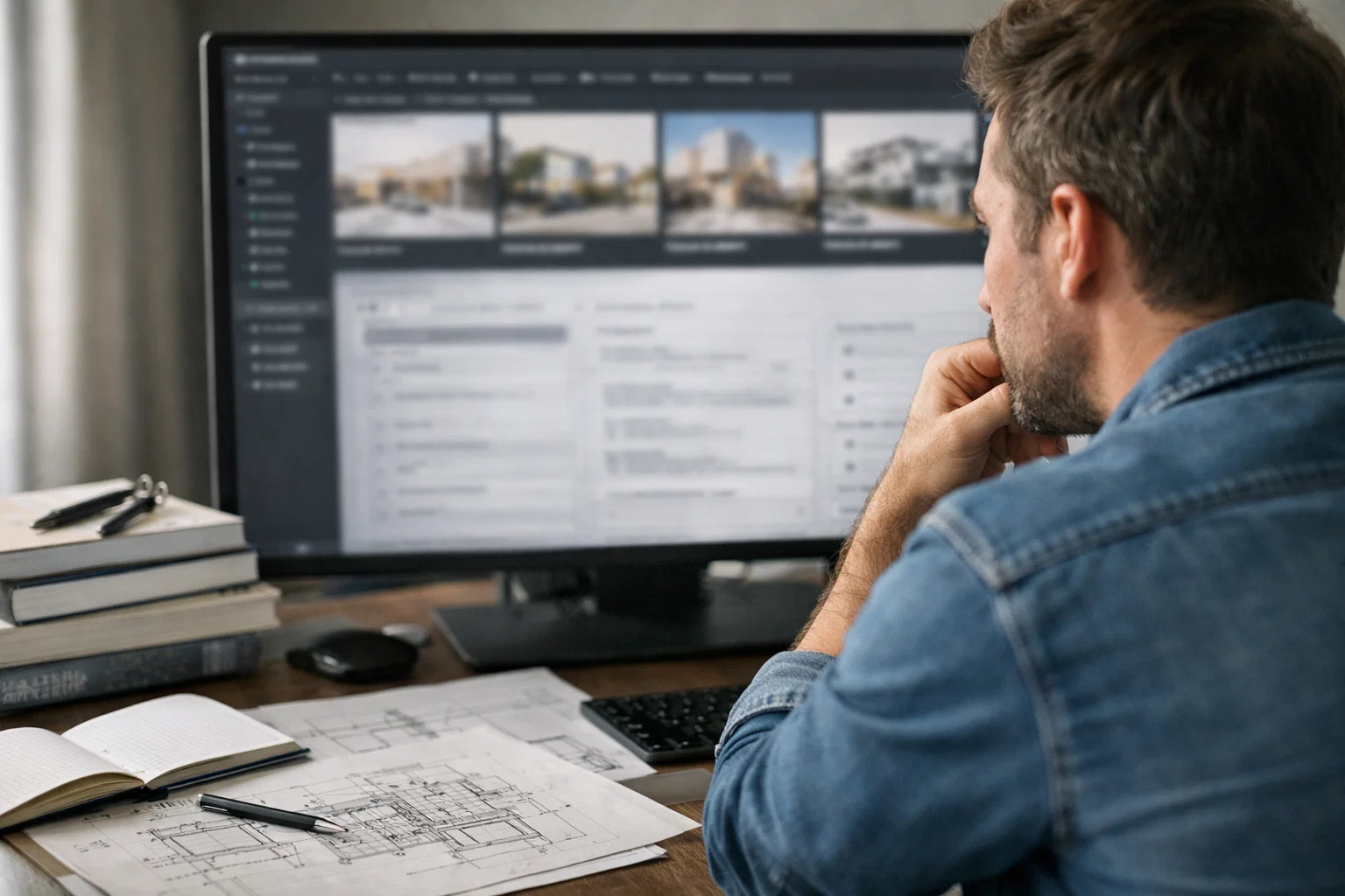 Digital specialist analysing structure of architecture website on desktop screen