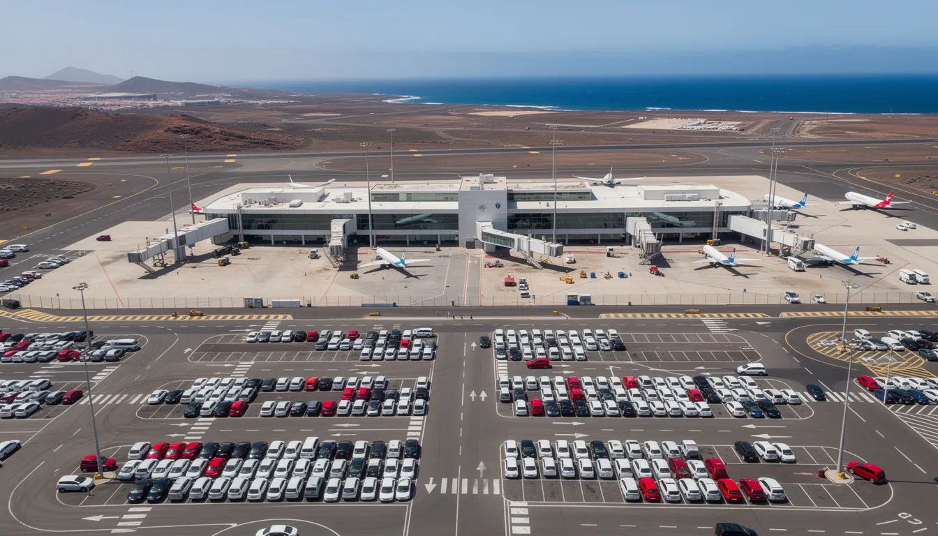 Une vue aérienne d'un aéroport des Canaries, montrant le parking dédié à la location de voiture, où plusieurs véhicules sont garés, entourés par des paysages ensoleillés. Cette image évoque les îles Canaries, notamment Gran Canaria et Tenerife, et met en avant les services de location de voiture disponibles pour les voyageurs.