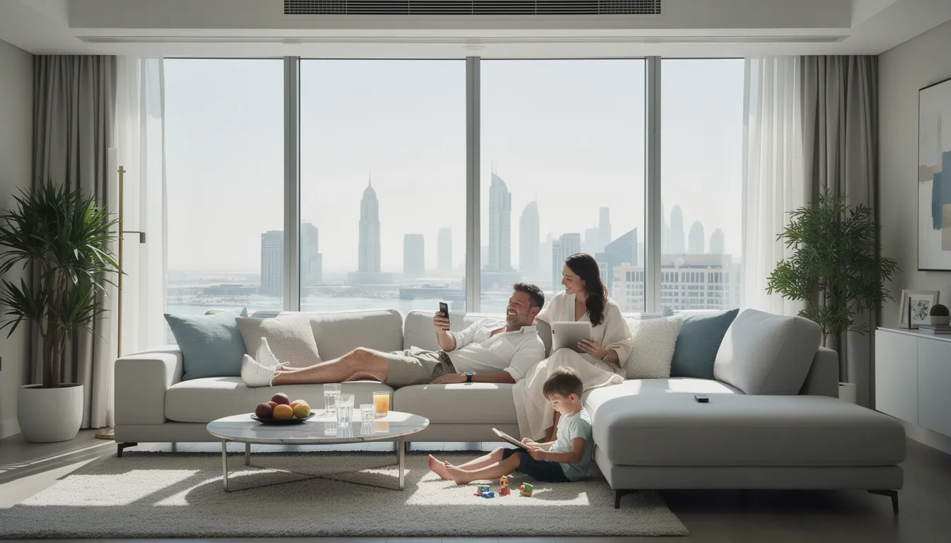 A comfortable family is relaxing in their cool living room during the hot Dubai summer, enjoying the benefits of a well-maintained air conditioning unit that ensures optimal indoor air quality. The scene highlights the importance of regular AC maintenance services for a pleasant home environment.