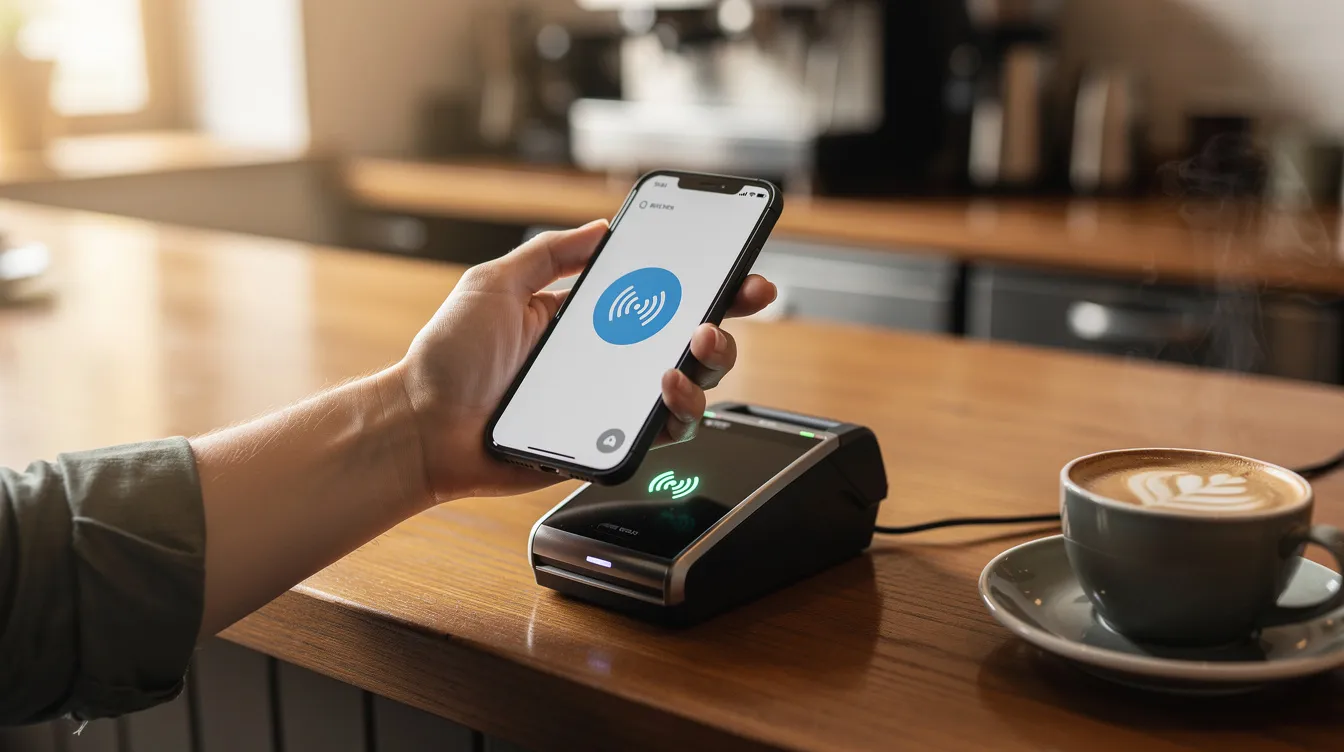 The image shows a small cafe counter where a customer is holding a smartphone near a payment terminal, illustrating the integration of digital payment methods in small businesses. This scene highlights the importance of customer engagement and loyalty programs for building lasting customer relationships and encouraging repeat business.