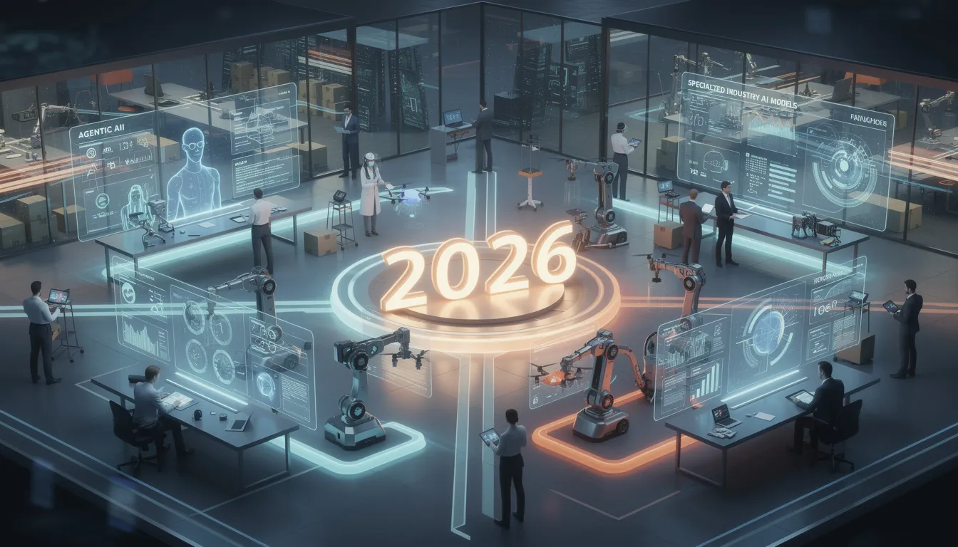The image depicts a futuristic business environment in 2026, showcasing various tech-enabled services that leverage agentic AI and specialized industry models to enhance business performance. This transformation highlights the importance of innovative solutions and automation in optimizing processes, increasing profitability, and delivering superior customer experiences across multiple sectors.