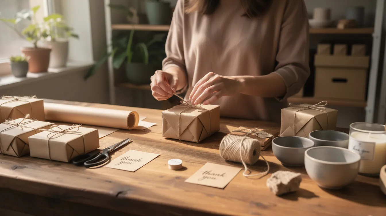 A person is carefully packaging handmade goods on a wooden table, showcasing their dedication to their small business. This scene reflects the effort involved in creating a strong online presence and marketing strategy for their products.