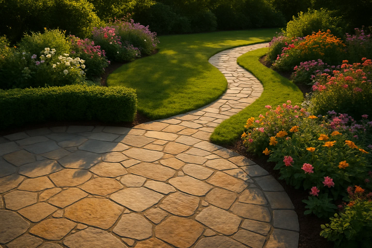 Garden path and patio with natural stone paving and surrounding plants.