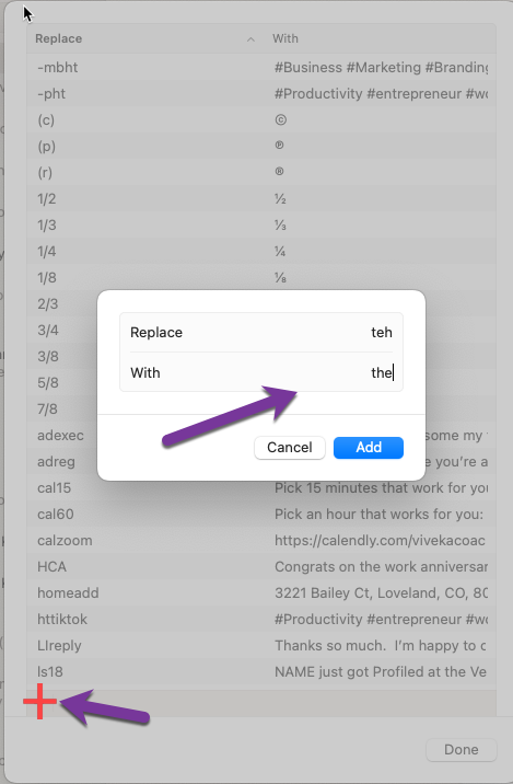 Example adding text replacement on a Mac