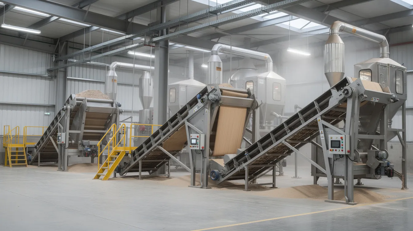 The image depicts an industrial pulses processing plant featuring advanced machinery, including vibrating screens and conveyor belts, all situated within a large processing facility. This setup is designed to enhance efficiency and productivity in the cleaning and sorting of raw pulses, essential for meeting market demand and achieving profitability in the agriculture industry.