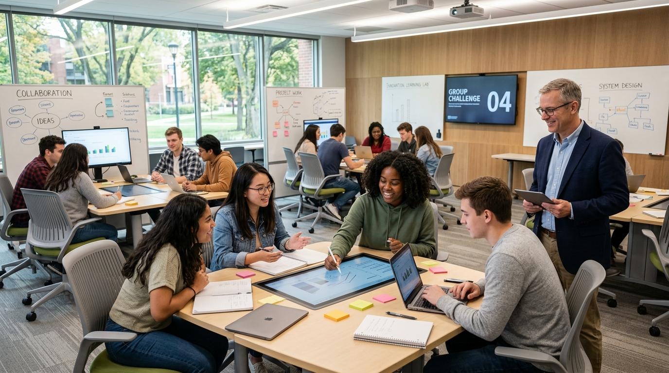 Modern higher education classroom featuring engaged students collaborating in small groups while an instructor observes learning progress