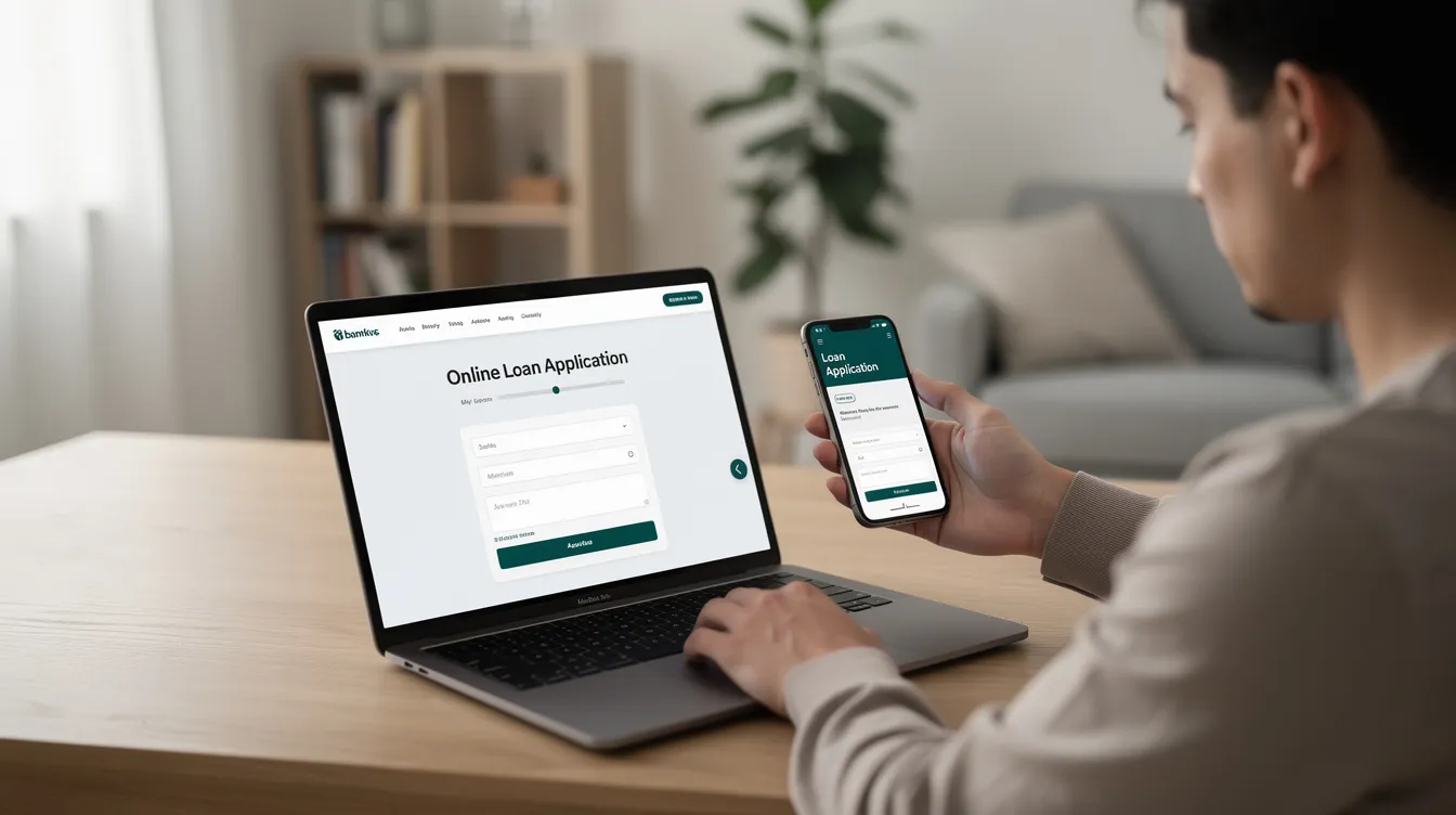 A person is sitting at home, using a smartphone in one hand and a laptop on a desk to complete an online loan application, reflecting the convenience of applying for a private loan through a 二線 財務 公司. The scene captures a modern approach to managing financial needs from the comfort of home.