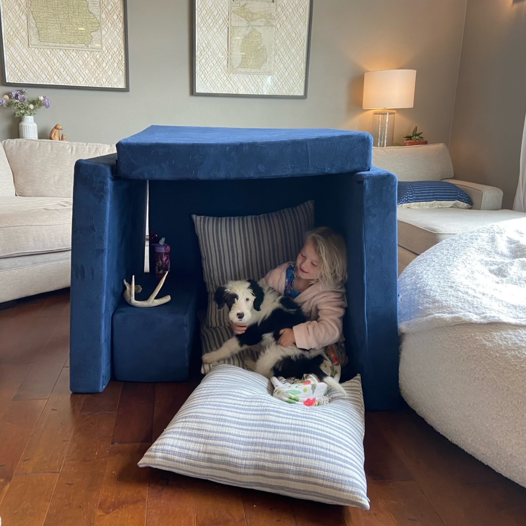 Girl in a Figgy play couch fort with her dog