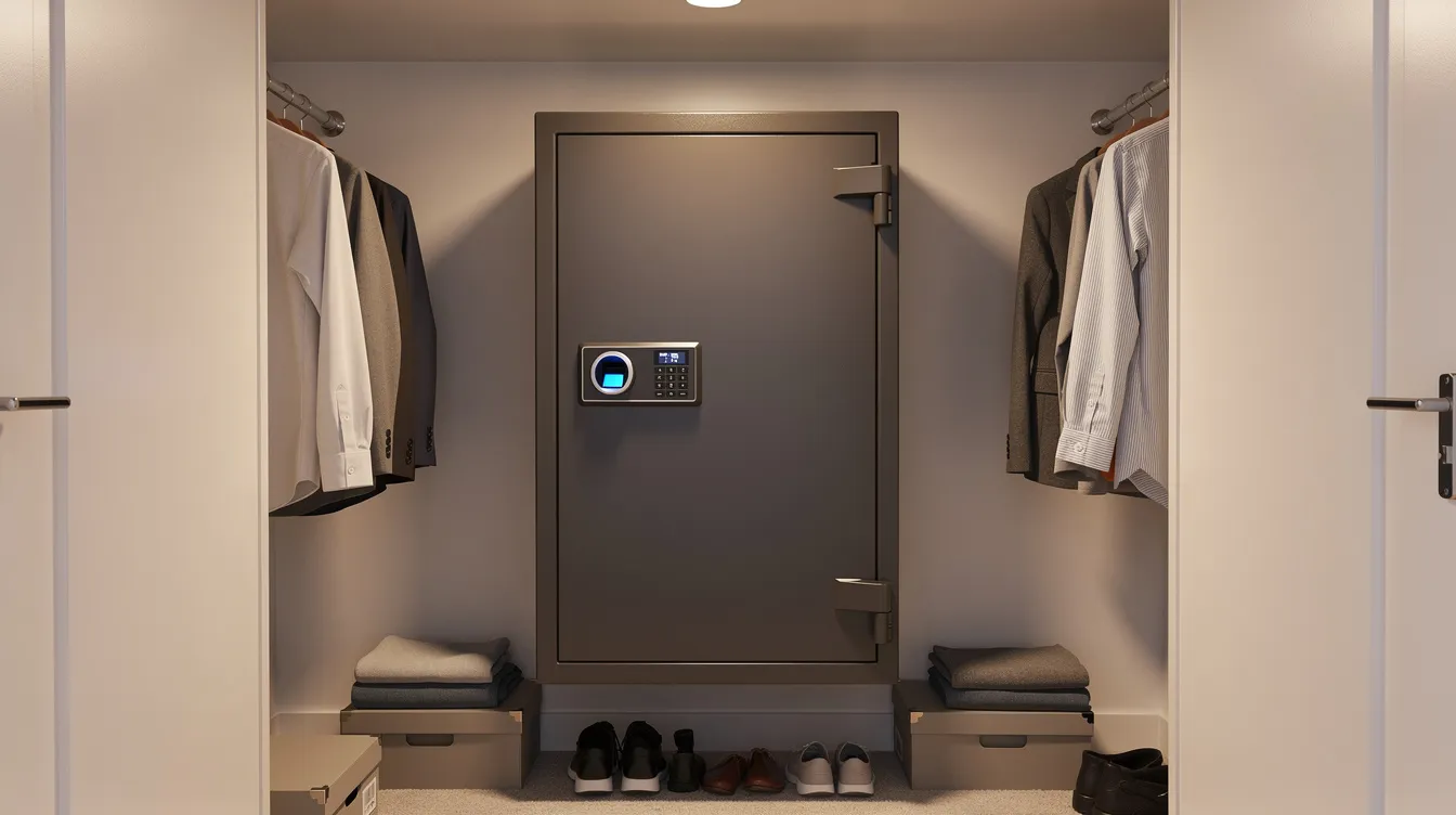 The image features a gun safe equipped with a biometric lock, securely mounted inside a residential closet, emphasizing the importance of responsible firearms possession in accordance with state and federal law. This setup reflects strong gun safety practices, which are essential for gun owners to protect their firearms and comply with legal regulations.