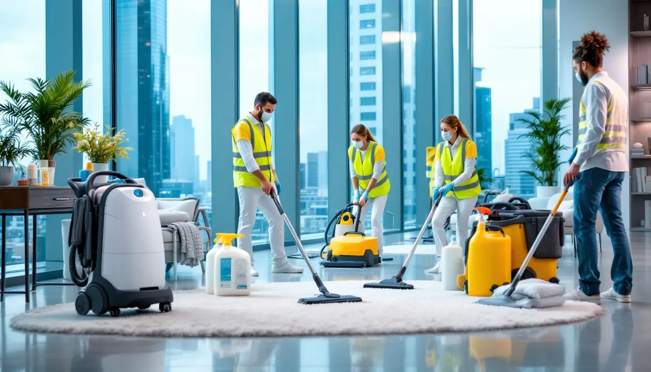A professional cleaning crew performing comprehensive facilities management services.