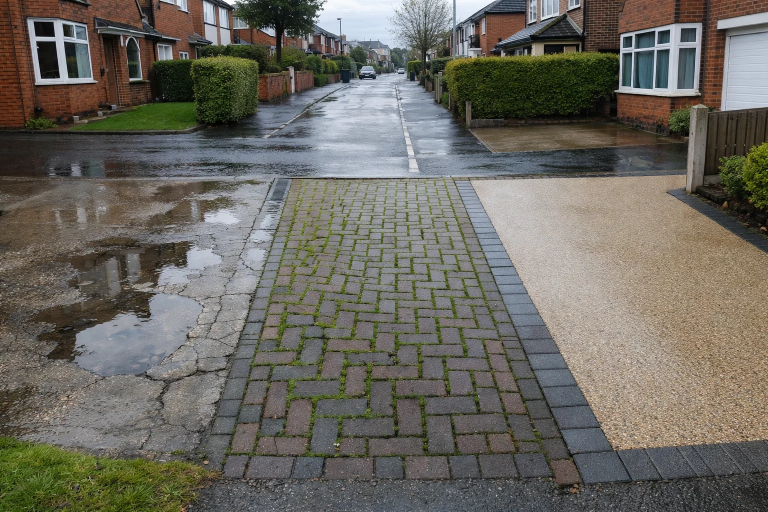 Rain-soaked Manchester driveways showing drainage differences between concrete, block paving and resin surfaces.