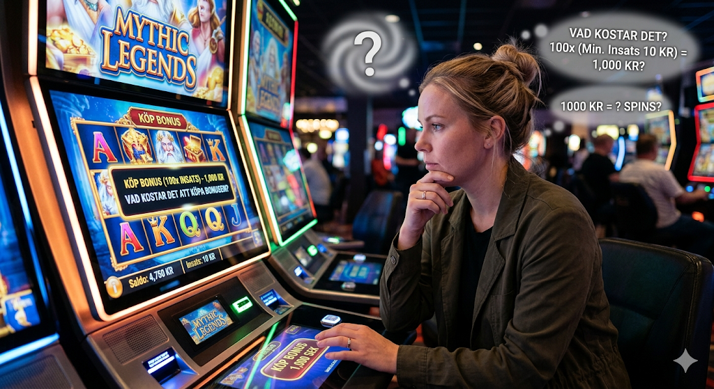Spelare som testar köp bonus slots på online casino – exempel på bonus buy kostnad och free spins