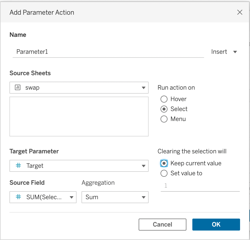 Setting up an action connected with parameter
