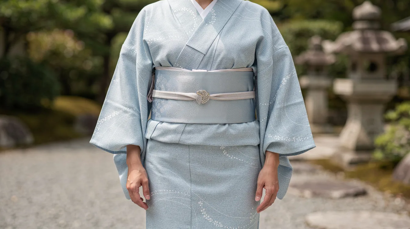 A person is wearing a light blue yukata, which is a traditional Japanese kimono made of cotton, featuring a small decorative brooch, known as obidome, centered on the obi sash. The outfit showcases the beauty of Japanese culture, perfect for summer wear and easy to care for.