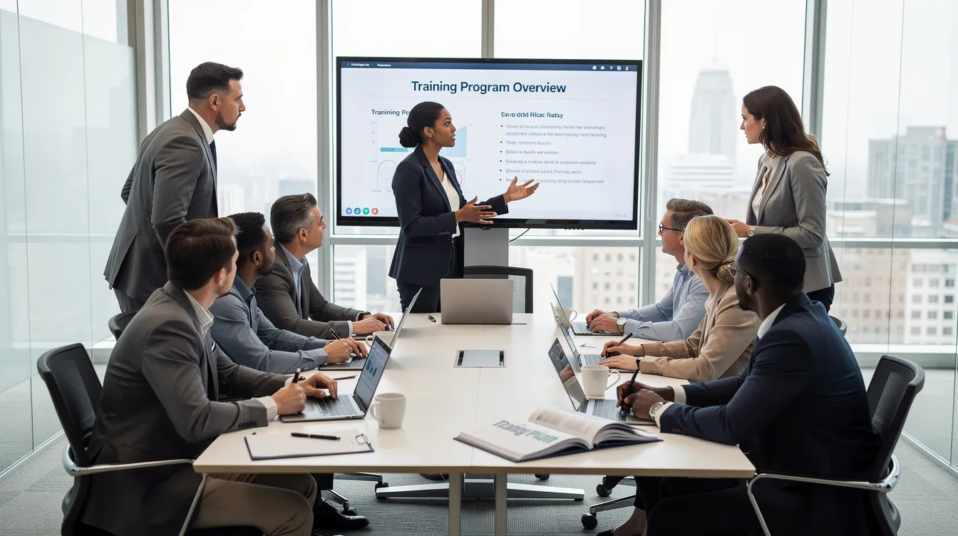 Diverse team of professionals gathered around large conference table, discussing their registered apprenticeship program and associated training program.