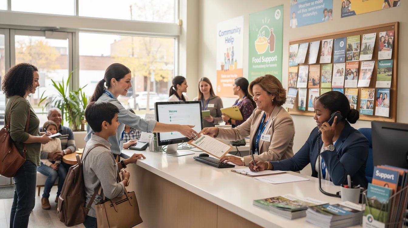 In a busy charity office, volunteers at a reception desk are actively assisting individuals and families, creating a welcoming atmosphere for asylum seekers and migrants at the refugee and migrant centre. The scene reflects a sense of hope and support as they help clients navigate their journeys towards resettlement and a better life in the UK.